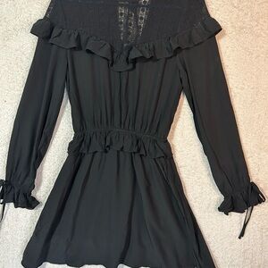 Lace Babydoll Mini Dress Long sleeve Dark Romantic Goth Black Bow Y2K 90, Medium